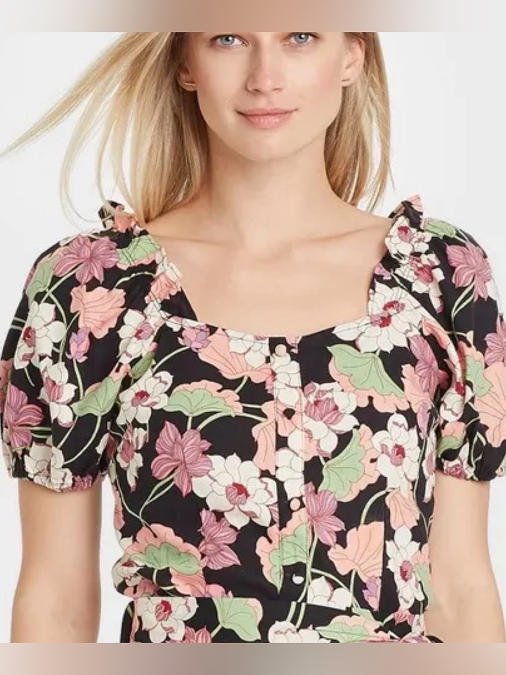 Who What Wear Black Floral Puff Sleeve Square Neck Top with Peach Accents